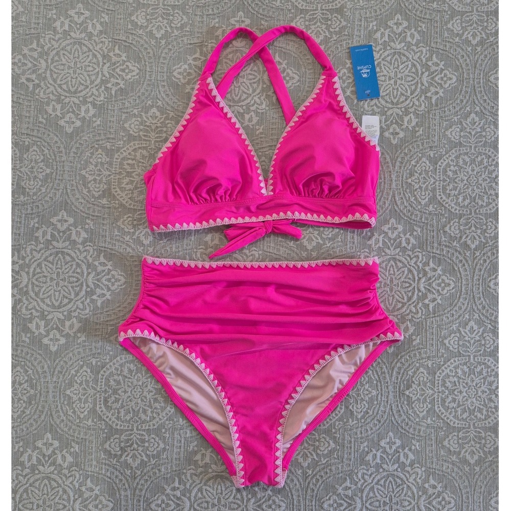 Cupshe Hot Pink Crochet Trim High Waist Bikini Set
